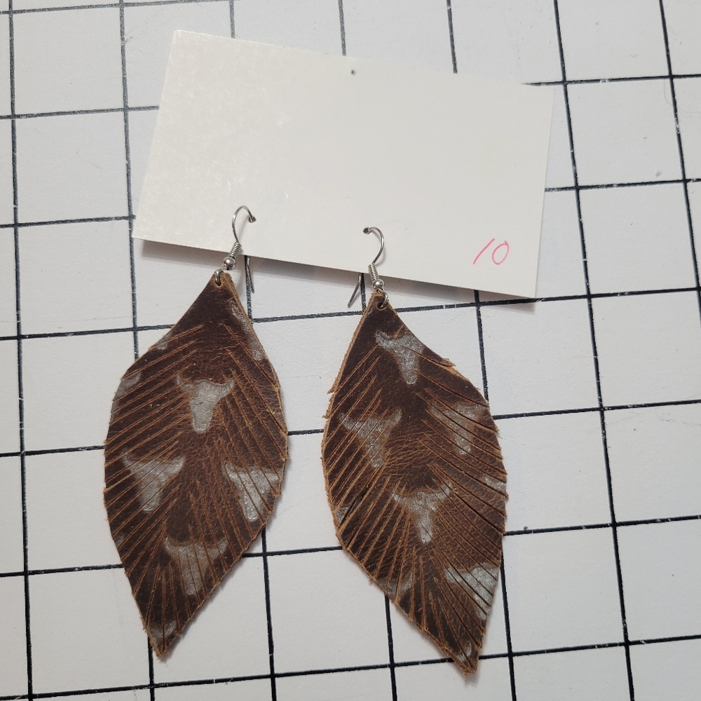 Feather Shaped Leather Cow Head Earrings